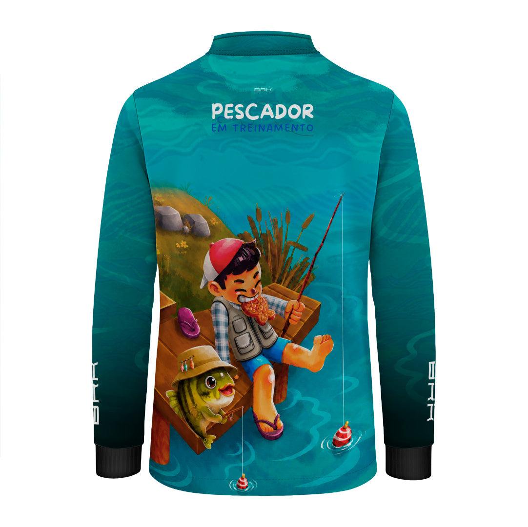Camisa Infantil Brk Pescador em Treinamento Azul Ciano com Proteção UV50+