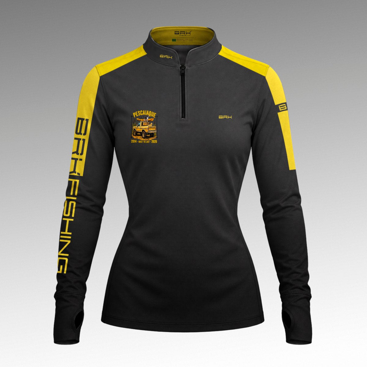 Camisa ArmorX Feminina Brk Barkeiro Chumbo com Listra Amarela  e Luva  Proteção UV50+