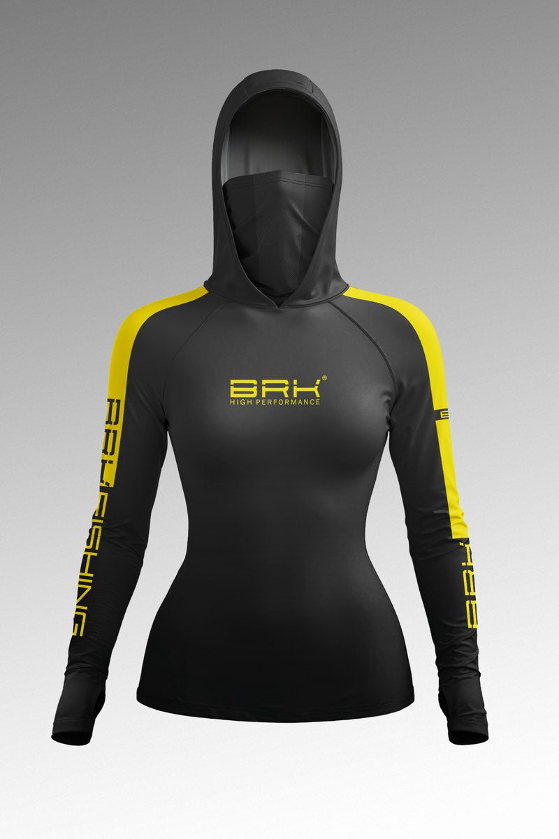 Camisa FusionX Feminina Brk Pescaiaque Chumbo e Detalhes em Amarelo com Proteção UV50+