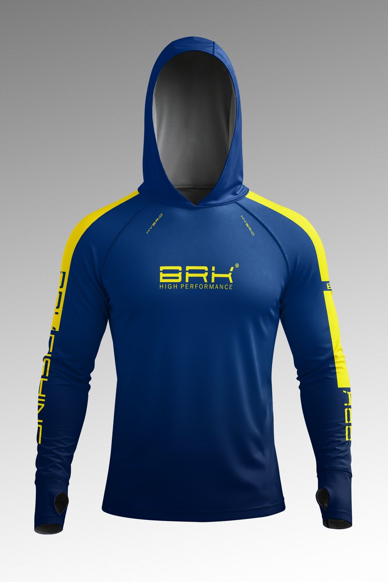 Camisa de Pesca Brk com Capuz Hybrid  Pescaiaque Azul com Detalhe Amarelo com Proteção Solar UV50+