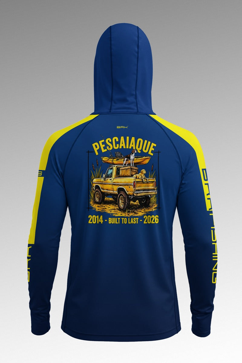 Camisa de Pesca Brk com Capuz Hybrid  Pescaiaque Azul com Detalhe Amarelo com Proteção Solar UV50+