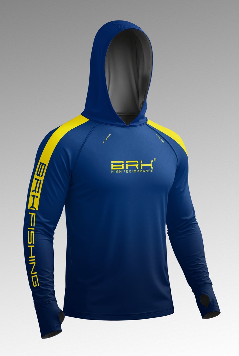 Camisa de Pesca Brk com Capuz Hybrid  Pescaiaque Azul com Detalhe Amarelo com Proteção Solar UV50+