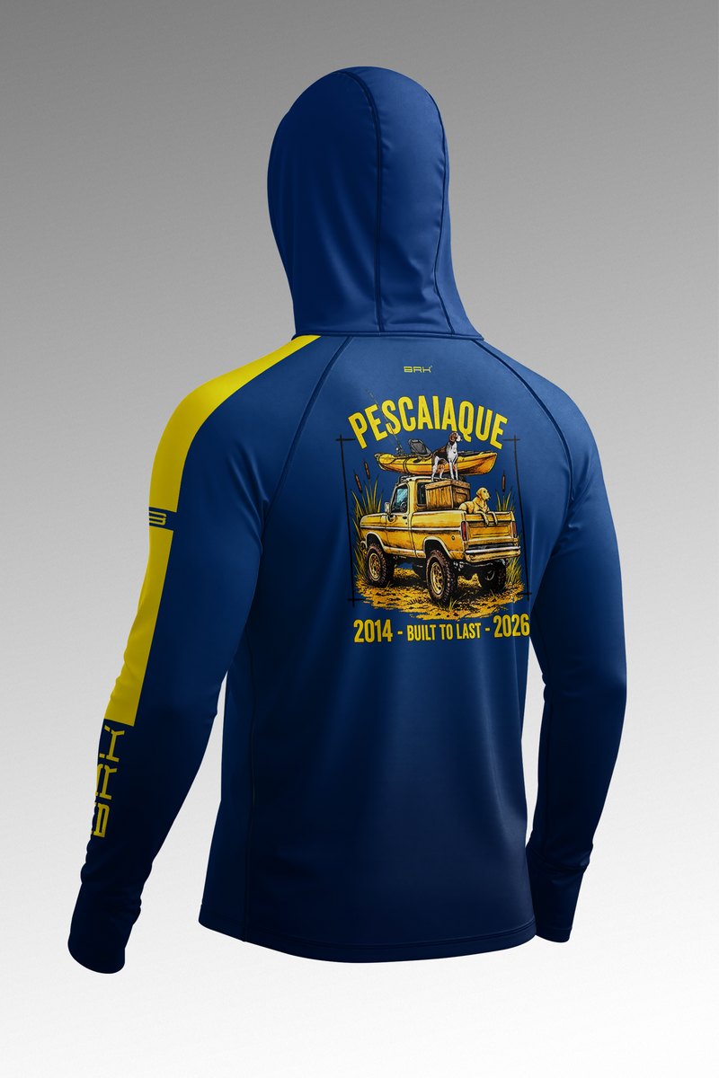 Camisa de Pesca Brk com Capuz Hybrid  Pescaiaque Azul com Detalhe Amarelo com Proteção Solar UV50+
