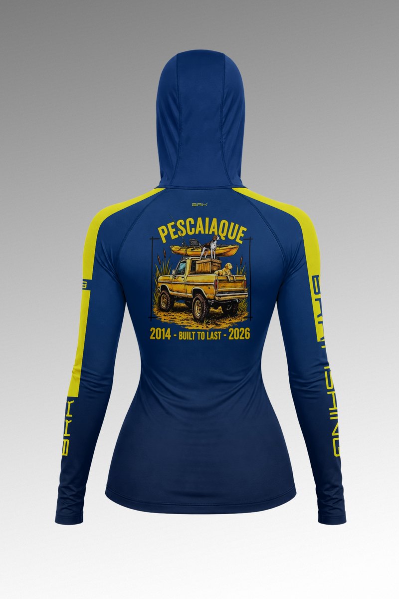 Camisa de Pesca Feminina Brk com Capuz Hybrid  Pescaiaque Azul com Detalhe Amarelo com Proteção Solar UV50+