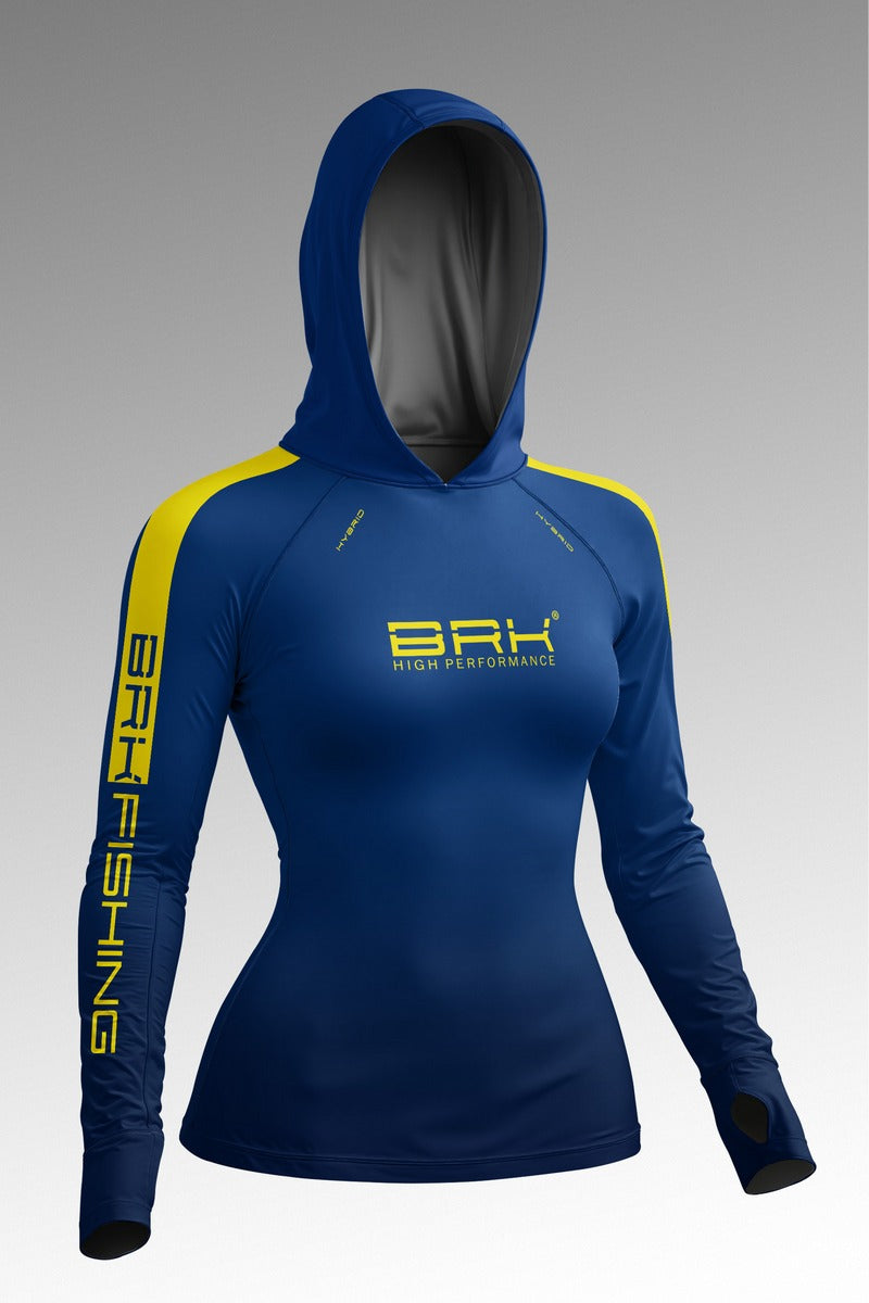 Camisa de Pesca Feminina Brk com Capuz Hybrid  Pescaiaque Azul com Detalhe Amarelo com Proteção Solar UV50+
