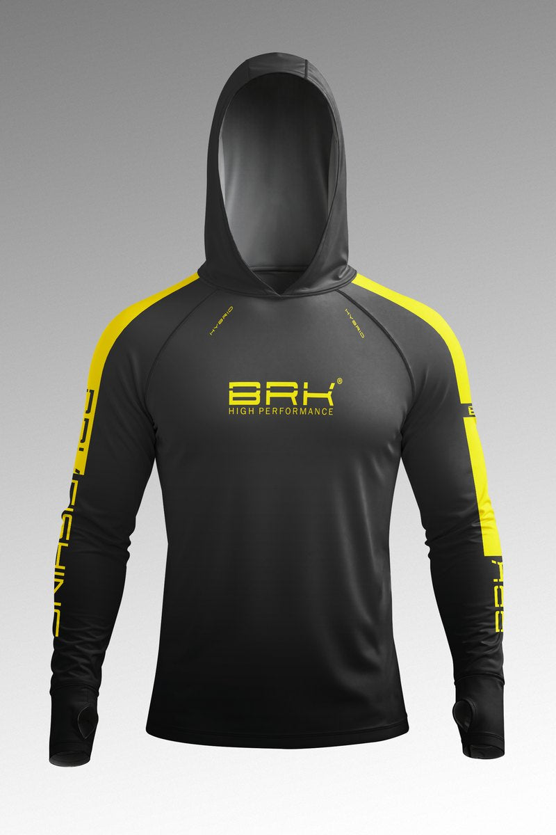 Camisa de Pesca Brk com Capuz Hybrid Pescaiaque Chumbo com Detalhe Amarelo com Proteção Solar UV50+