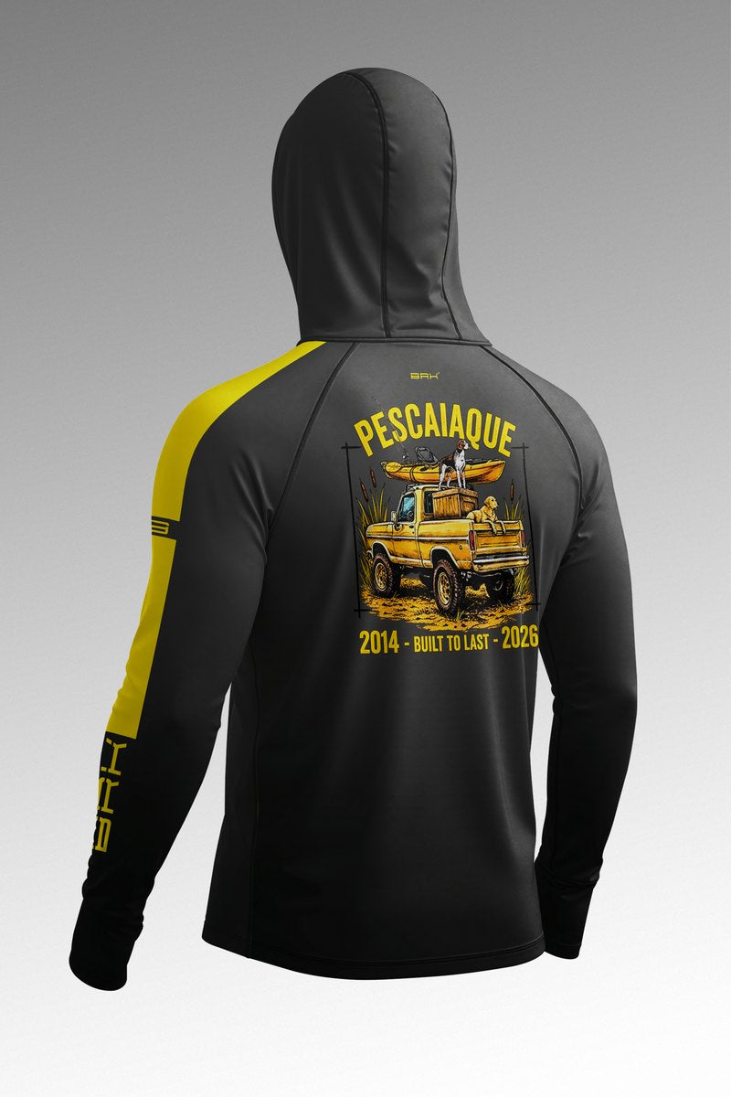 Camisa de Pesca Brk com Capuz Hybrid Pescaiaque Chumbo com Detalhe Amarelo com Proteção Solar UV50+