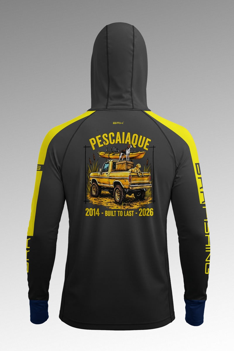 Camisa de Pesca Brk com Capuz Hybrid Pescaiaque Chumbo com Detalhe Amarelo com Proteção Solar UV50+