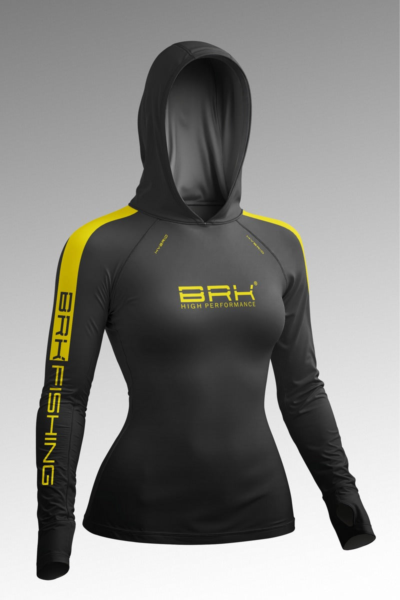 Camisa de Pesca Feminina Brk com Capuz Hybrid  Pescaiaque Chumbo com Detalhe Amarelo com Proteção Solar UV50+
