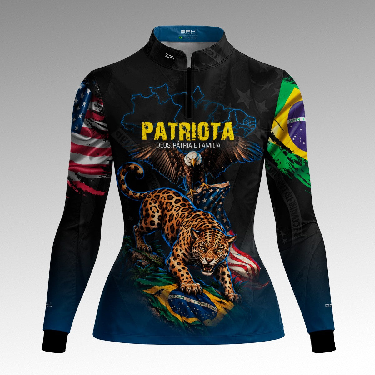Camisa Brk Feminina Patriota Deus Pátria e Família Onça e Águia Brasil e EUA Preta Azul com Proteção UV50+