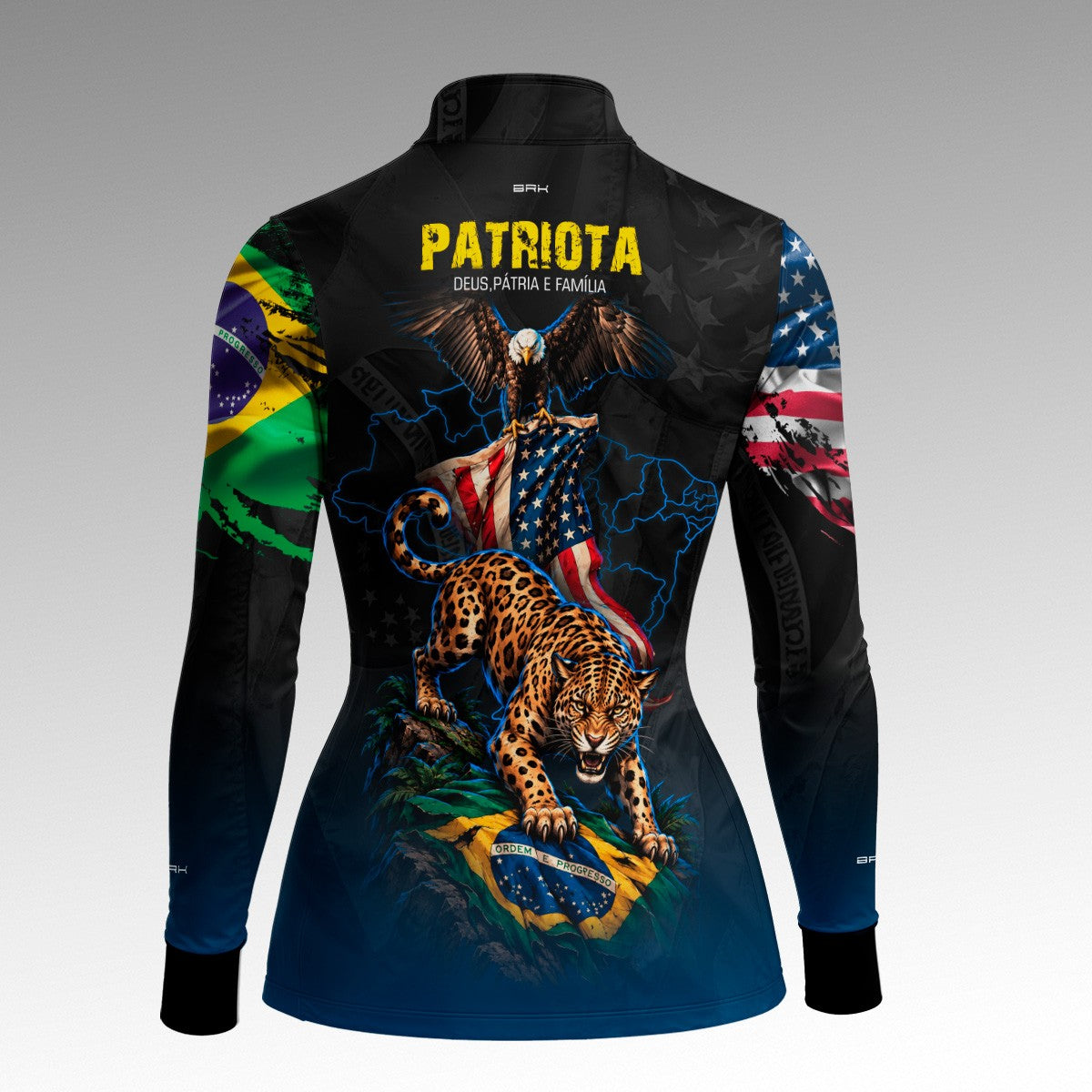 Camisa Brk Feminina Patriota Deus Pátria e Família Onça e Águia Brasil e EUA Preta Azul com Proteção UV50+