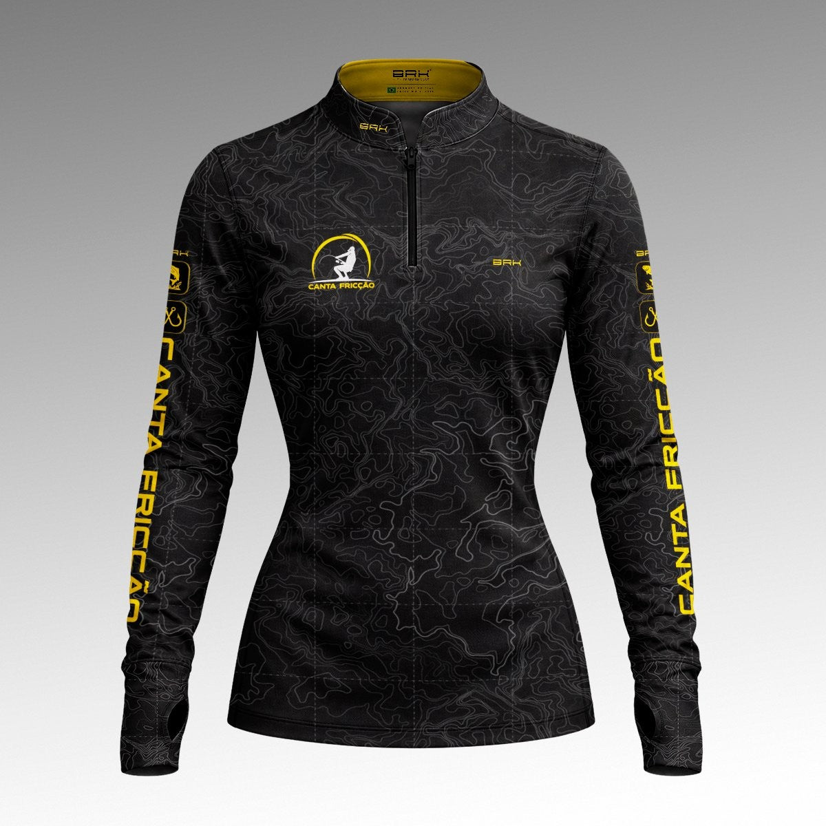 Camisa ArmorX Brk Feminina Marcos Mendes Canta Fricção Preta Topográfica com UV50+