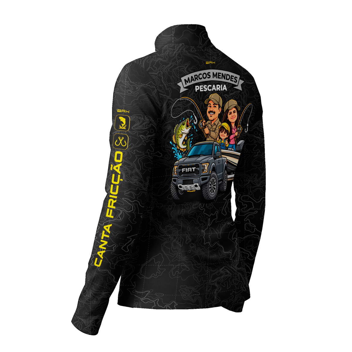 Camisa ArmorX Brk Feminina Marcos Mendes Pescaria Preta Topográfica Amarela com UV50+
