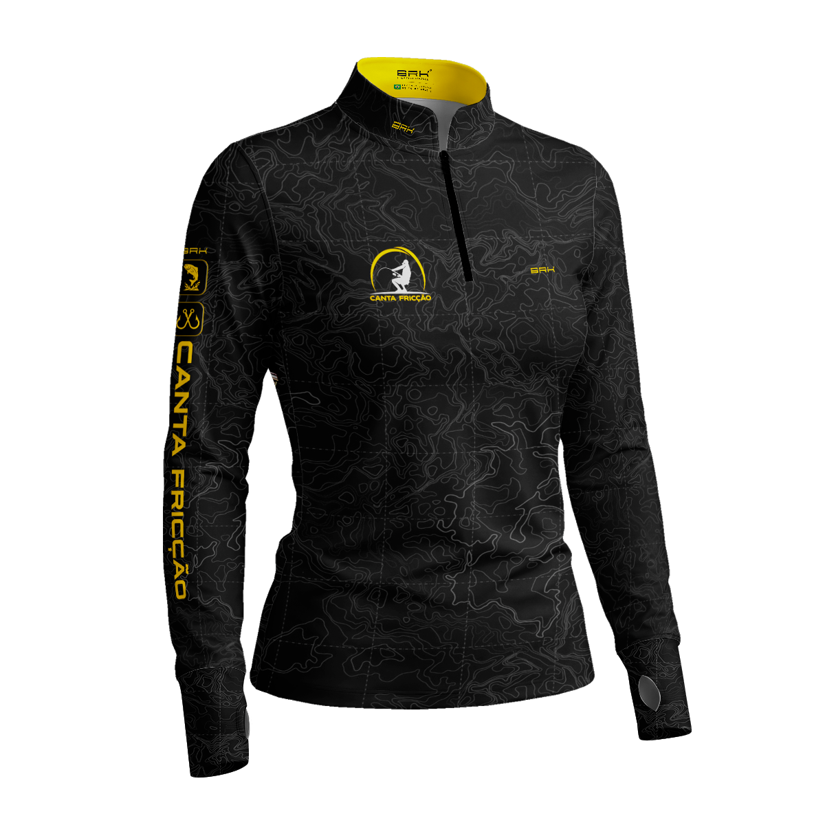 Camisa ArmorX Brk Feminina Marcos Mendes Pescaria Preta Topográfica Amarela com UV50+