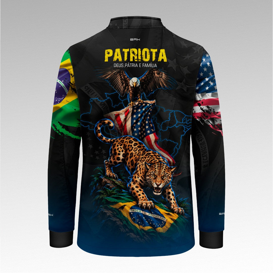 Camisa Brk Infantil Patriota Deus Pátria e Família Onça e Águia Brasil e EUA Preta Azul com Proteção UV50+