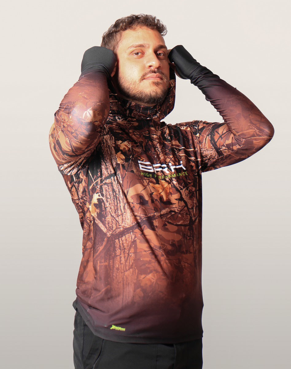 Camisa FusionX Brk Hunter Camuflada Galhos Marrom com Capuz e Proteção UV50+ - Brk Fishing