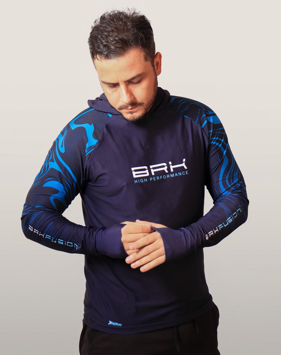 Camisa FusionX Brk Camo Distorções Azul com Capuz e Proteção UV50+ Envio Imediato Brk Fishing