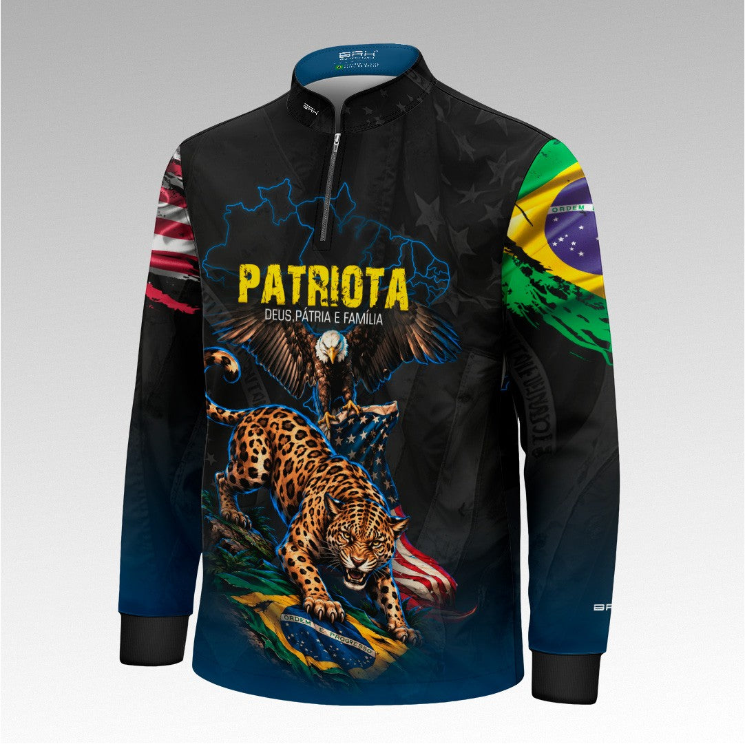 Camisa Brk Infantil Patriota Deus Pátria e Família Onça e Águia Brasil e EUA Preta Azul com Proteção UV50+