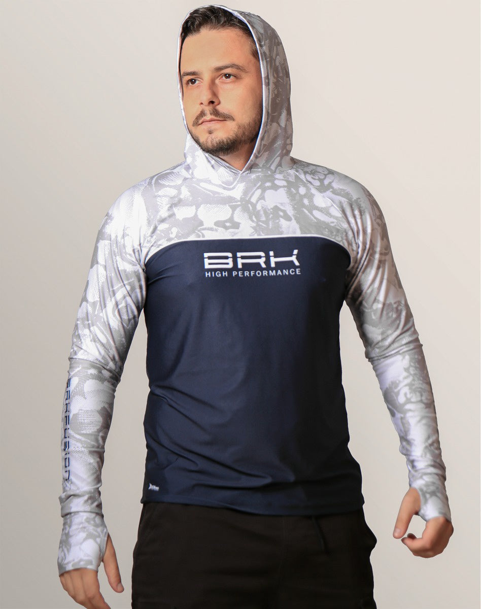 Camisa FusionX Brk Deep Camuflada Branco Azul com Capuz e Proteção UV50+ - Brk Fishing