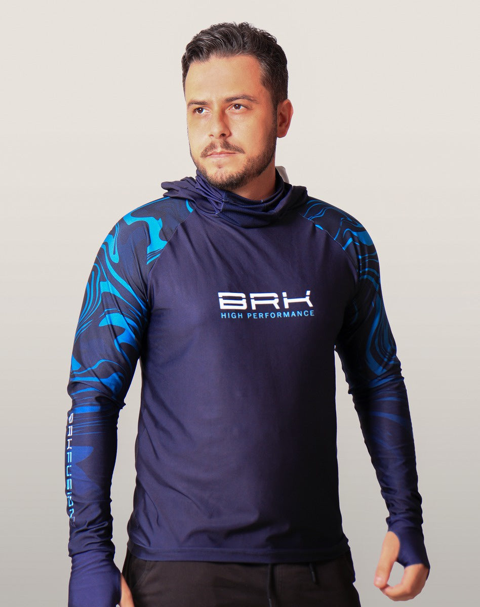 Camisa FusionX Brk Camo Distorções Azul com Capuz e Proteção UV50+ - Brk Fishing