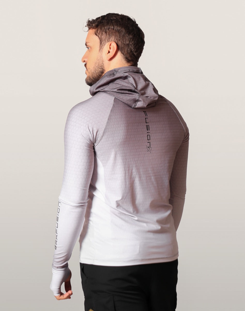 Camisa FusionX Brk Clean Branca e Cinza com Capuz e Proteção UV50+ - Brk Fishing
