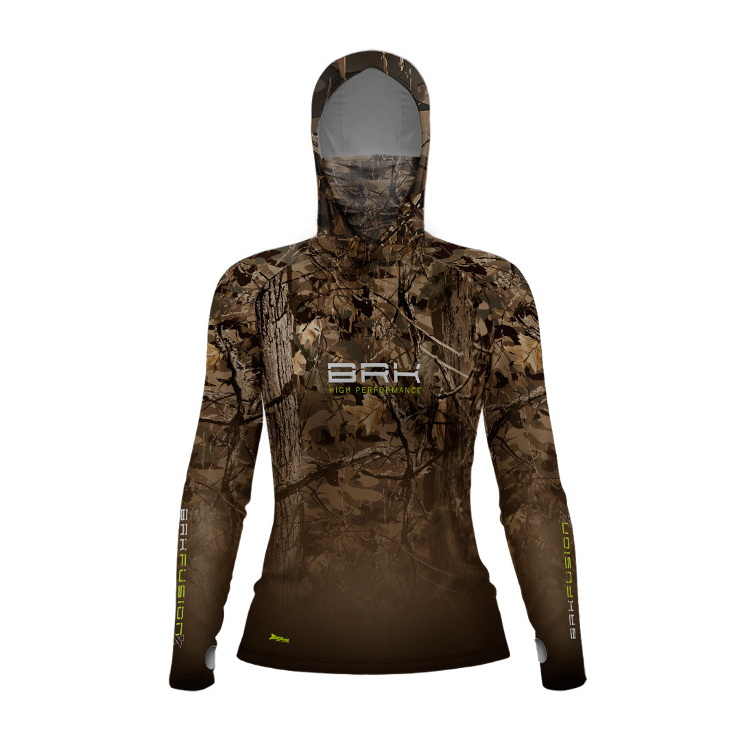 Camisa FusionX Feminina Brk Hunter Camuflada Galhos Marrom com Capuz e Proteção UV50+ Brk Fishing