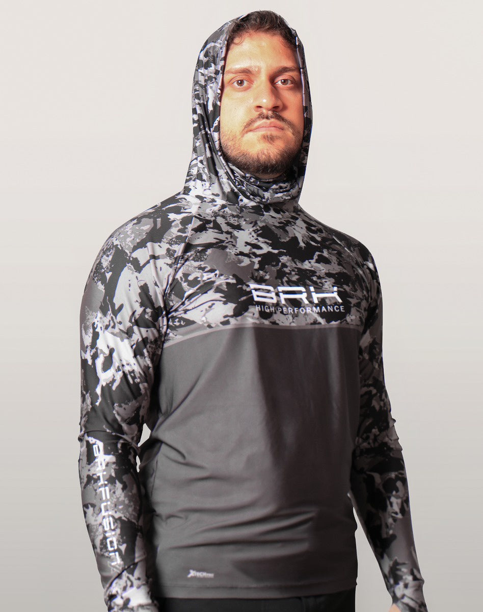 Camisa FusionX Brk Marine Camu Chumbo com Capuz e Proteção UV50+ - Brk Fishing