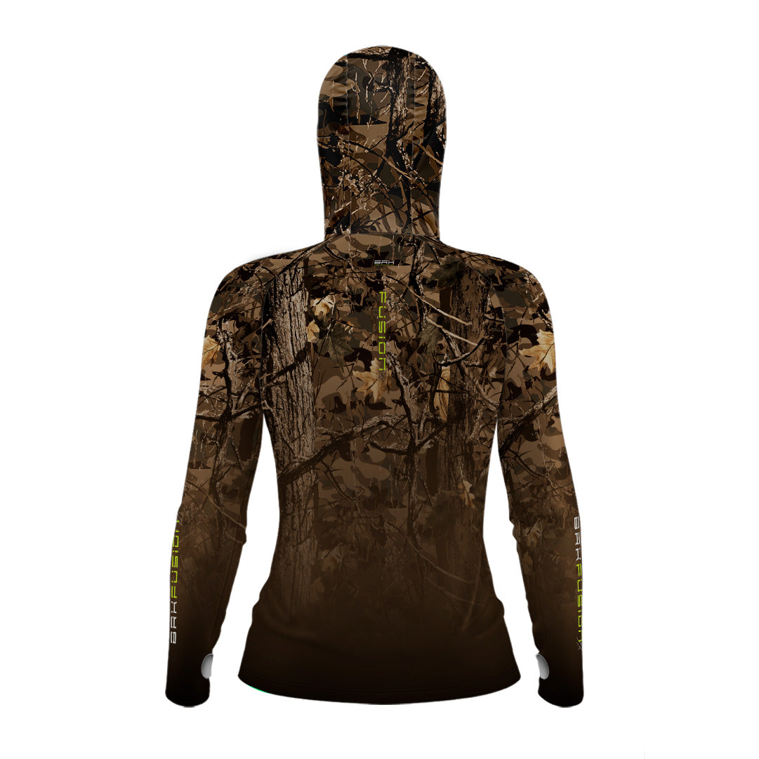 Camisa FusionX Feminina Brk Hunter Camuflada Galhos Marrom com Capuz e Proteção UV50+ Brk Fishing