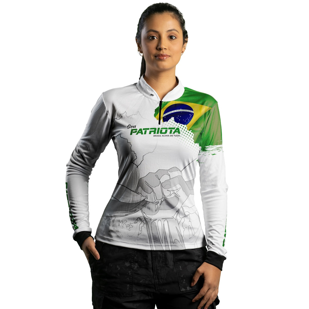 Camisa Agro Feminina Brk Básica Patriota Bandeira do Brasil Branca com Proteção UV50+ - Brk Fishing