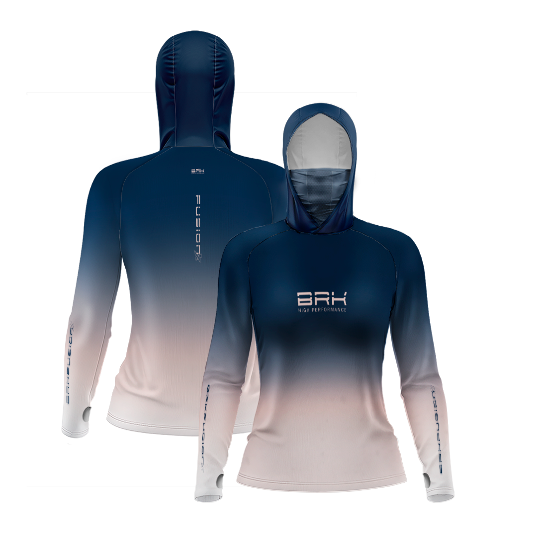 Camisa FusionX Feminina Brk Clean Degradê Azul Bege com Capuz e Proteção Solar UV50+ - Brk Fishing