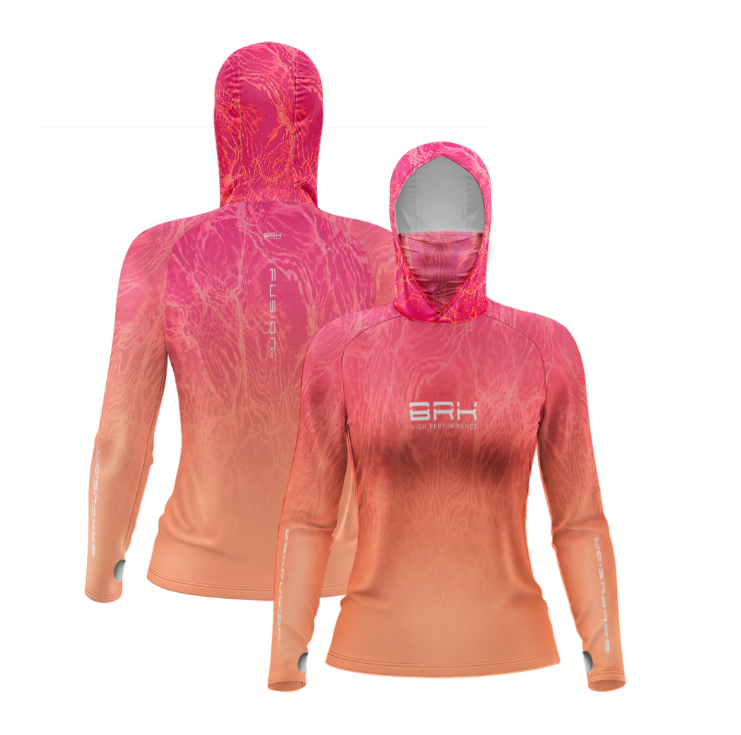 Camisa FusionX Feminina Brk Clean Efeito Água Laranja Rosa com Capuz e Proteção Solar UV50+ - Brk Fishing