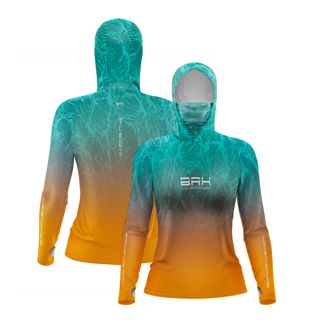 Camisa FusionX Feminina Brk Deep Azul Laranja com Capuz e Proteção Solar UV50+ - Brk Fishing