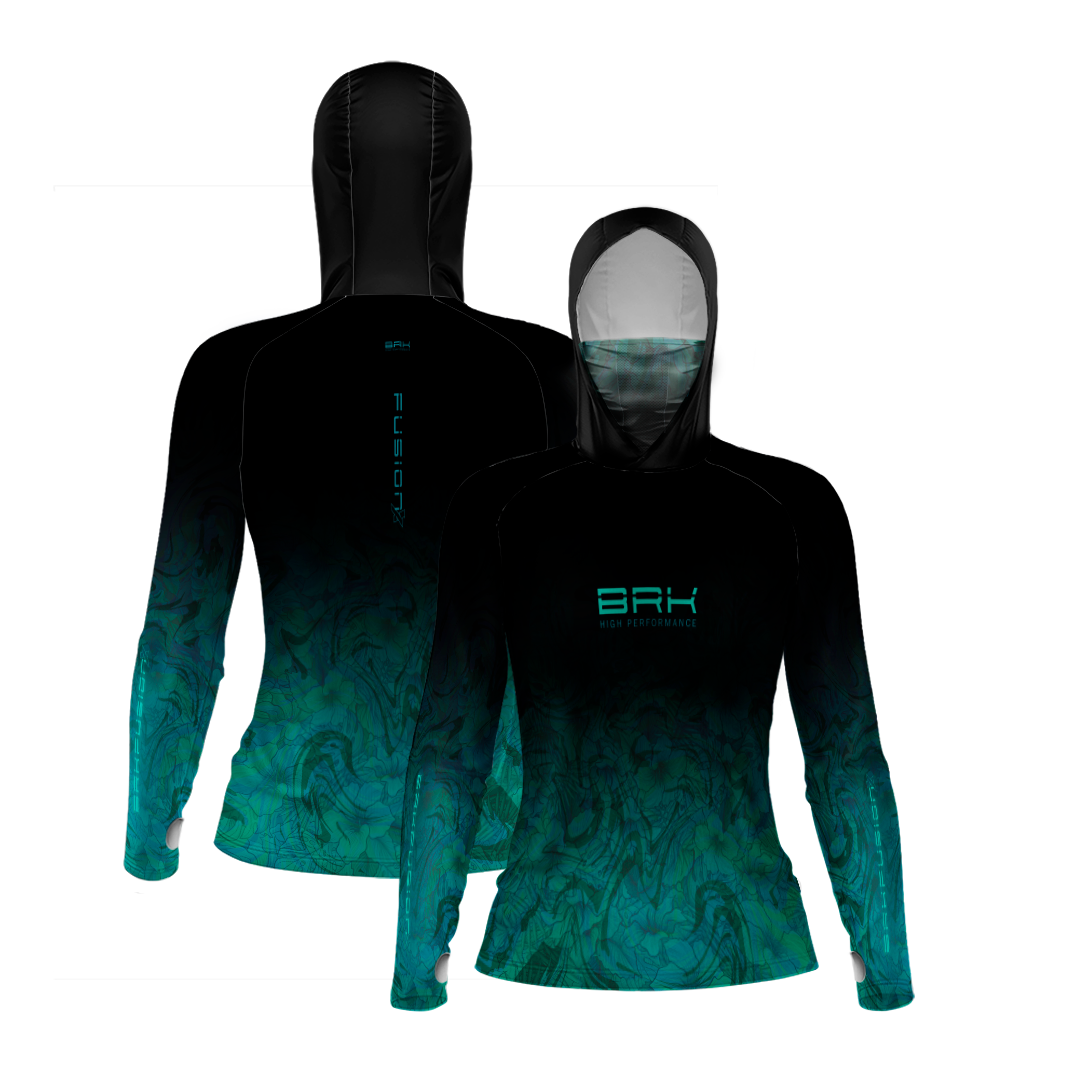 Camisa FusionX Feminina Brk Deep Azul Turquesa com Capuz e Proteção Solar UV50+ - Brk Fishing