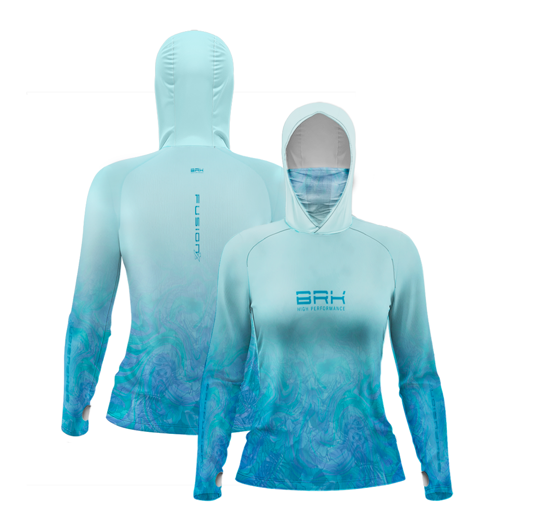 Camisa FusionX Feminina Brk Deep Azul Cristal com Capuz e Proteção Solar UV50+ - Brk Fishing