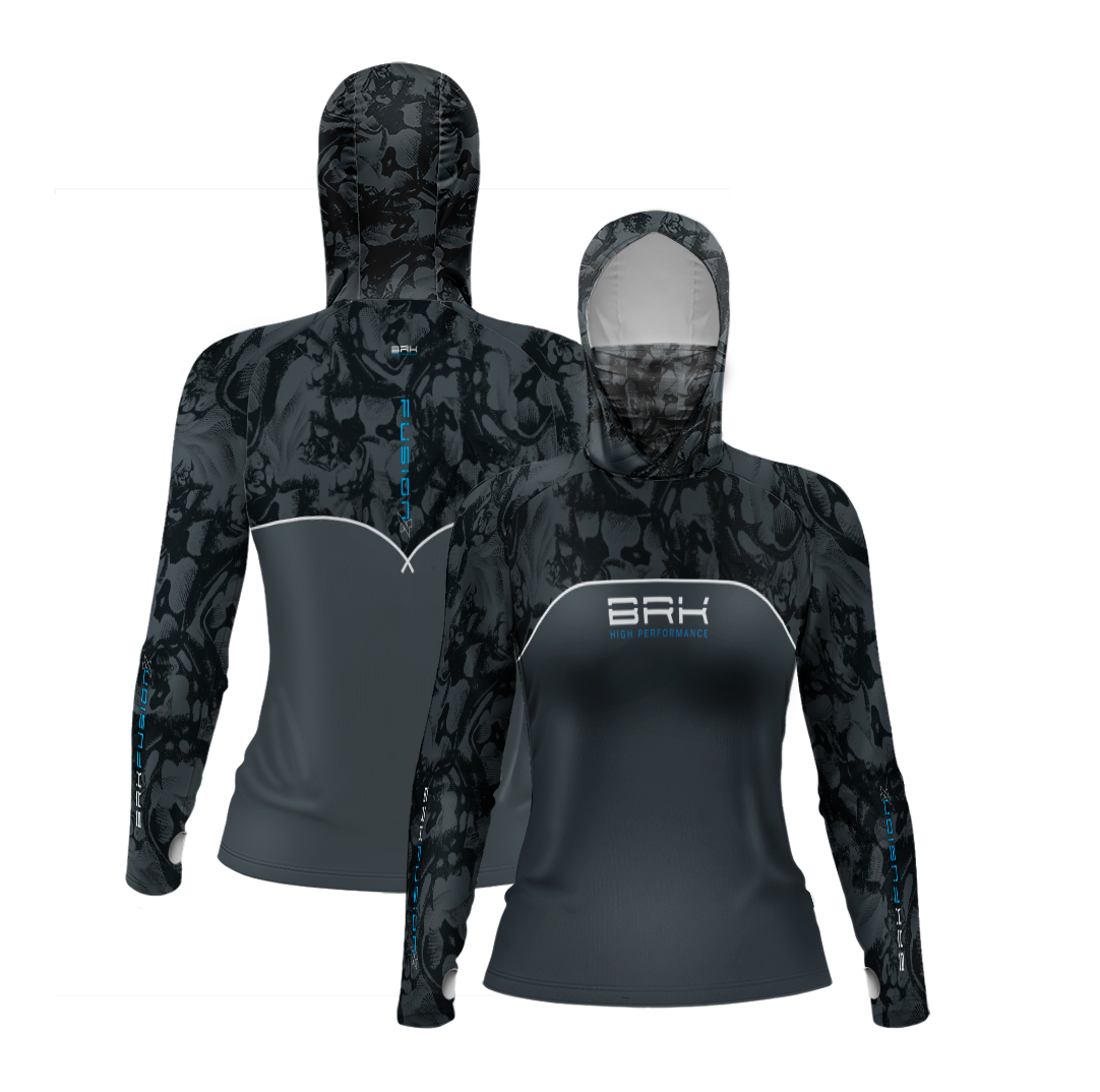 Camisa FusionX Feminina Brk Deep Cinza Camuflado com Capuz e Proteção Solar UV50+ - Brk Fishing