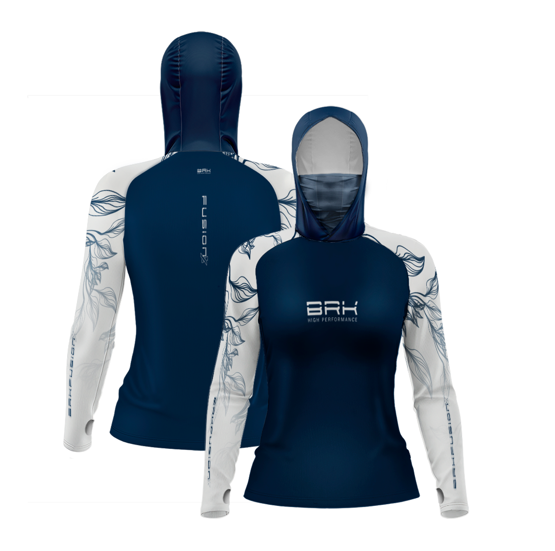 Camisa FusionX Feminina Brk Deep Azul Detalhe Folhas com Capuz e Proteção Solar UV50+ - Brk Fishing