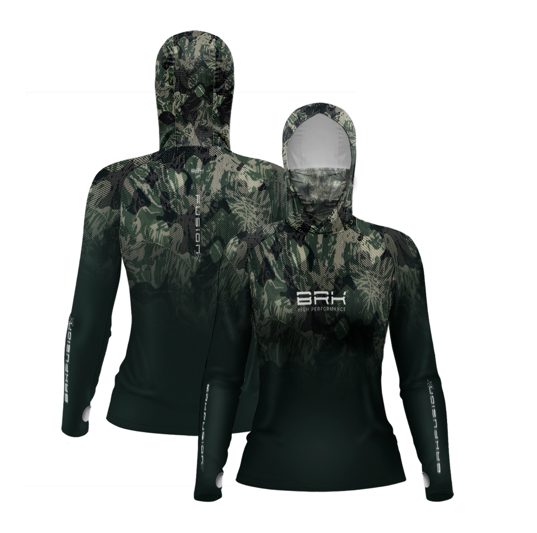 Camisa FusionX Feminina Brk Camuflada Verde e Proteção Solar UV50+ - Brk Fishing