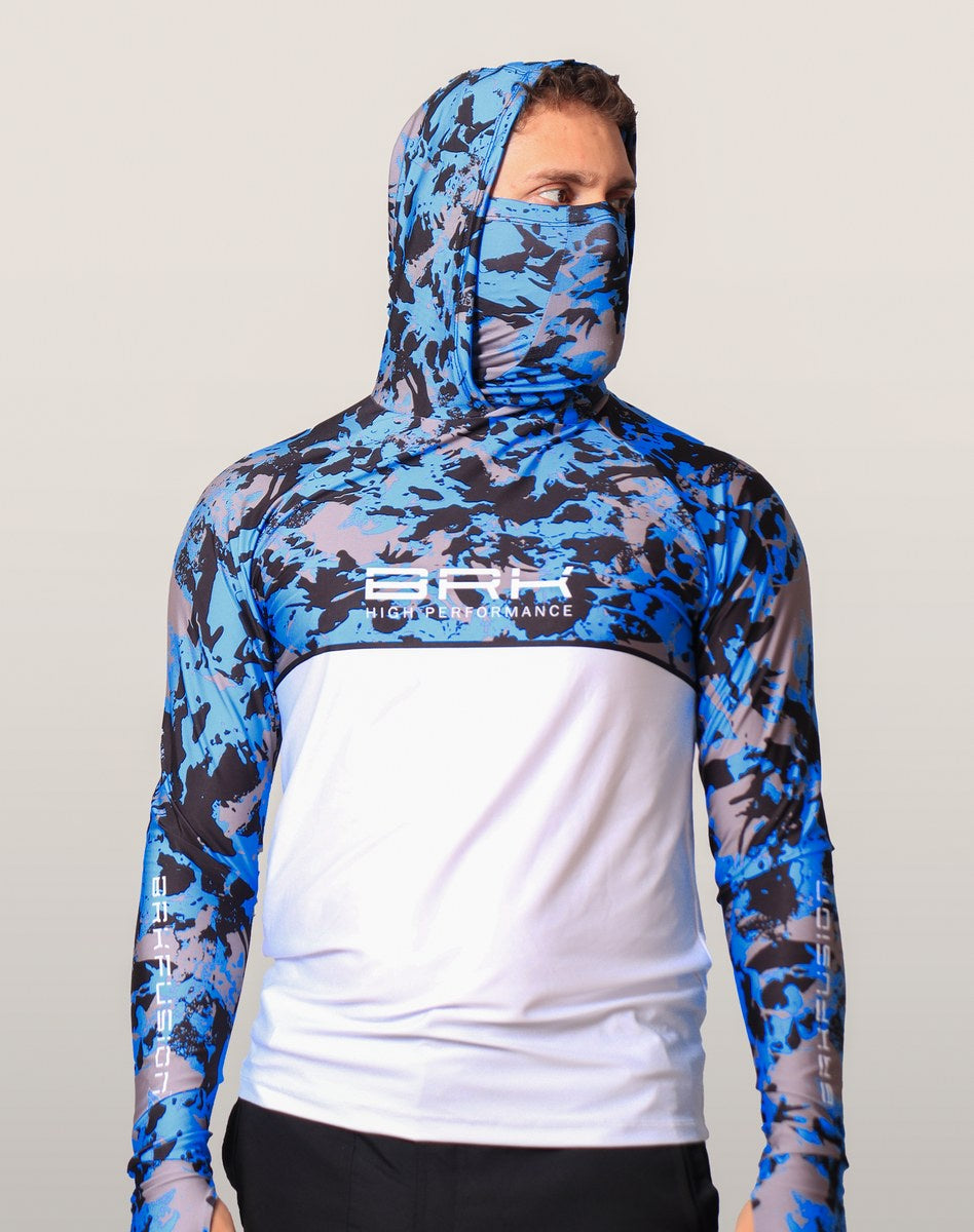 Camisa FusionX Brk Marine Camuflada Azul Branco com Capuz e Proteção UV50+ - Brk Fishing