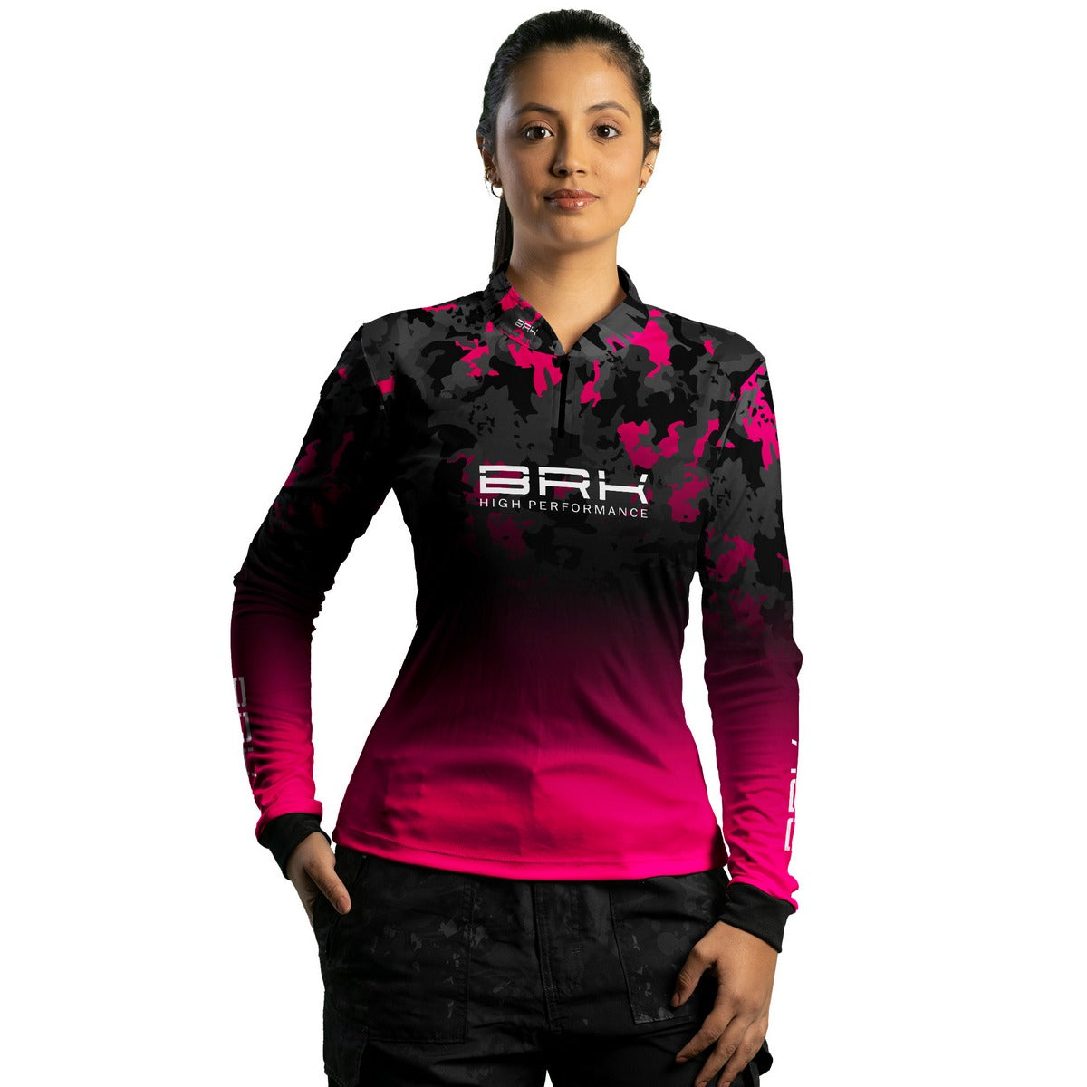 Camisa de Pesca Feminina Brk Preta e Rosa com Proteção Solar UV50+