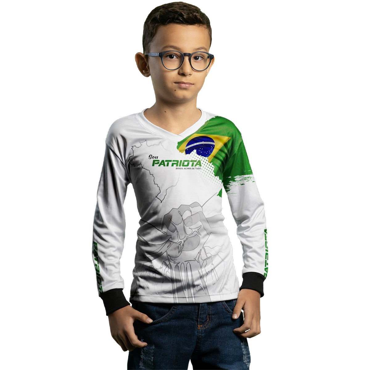 Camisa Agro Infantil Brk Básica Patriota Bandeira do Brasil Branca com Proteção UV50+ - Brk Fishing