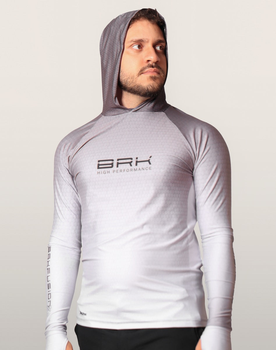 Camisa FusionX Brk Clean Branca e Cinza com Capuz e Proteção UV50+ - Brk Fishing