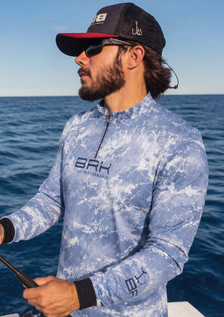 Camisa de Pesca em Alto Mar Camuflado Azul com Proteção UV50