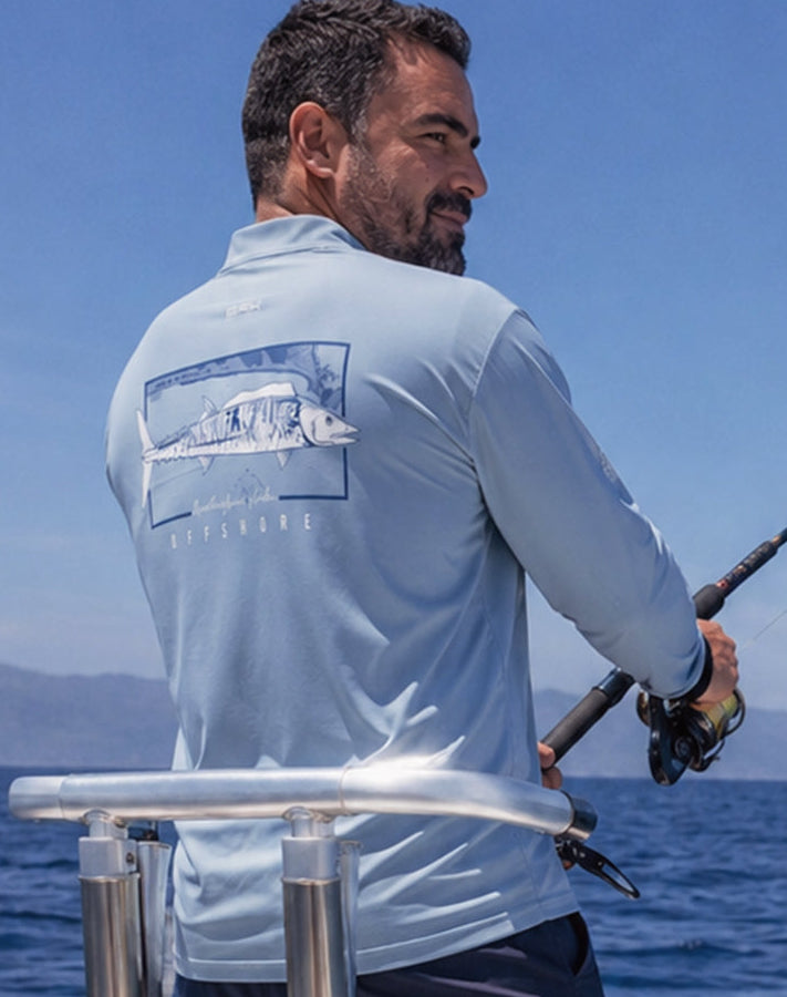 Camisa de Pesca em Alto Mar Cavala Mapa Náutico Azul Claro com Proteção UV50