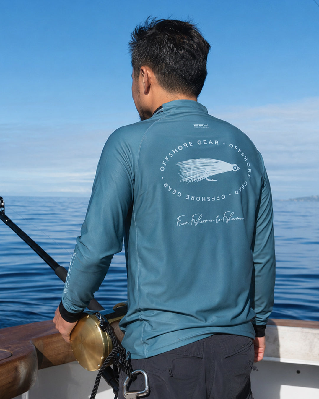 Camisa de Pesca em Alto Mar Offshore Gear Iscas Azul com Proteção UV50