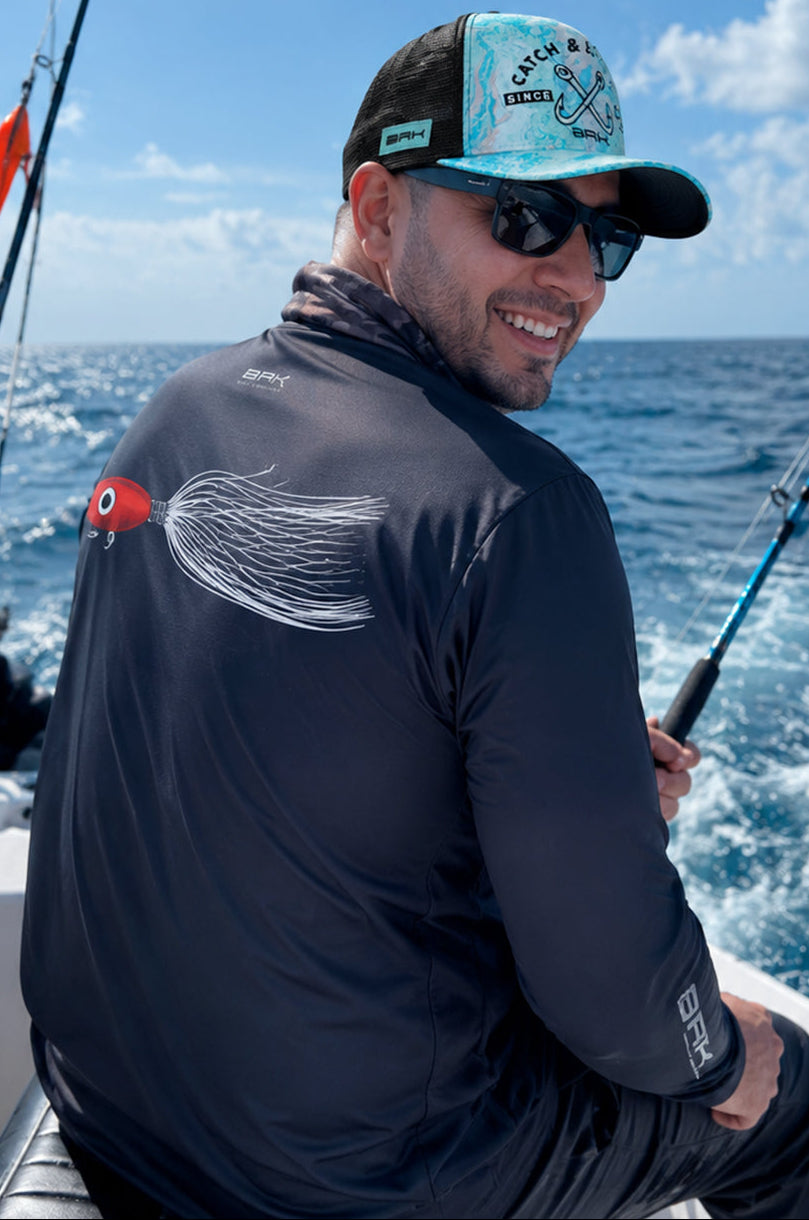 Camisa de Pesca em Alto Mar Isca Jig Head Preta com Proteção UV50