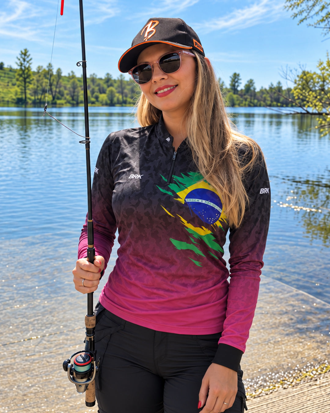 Camisa Feminina Brk Camuflado Preto e Rosa Bandeira do Brasil
