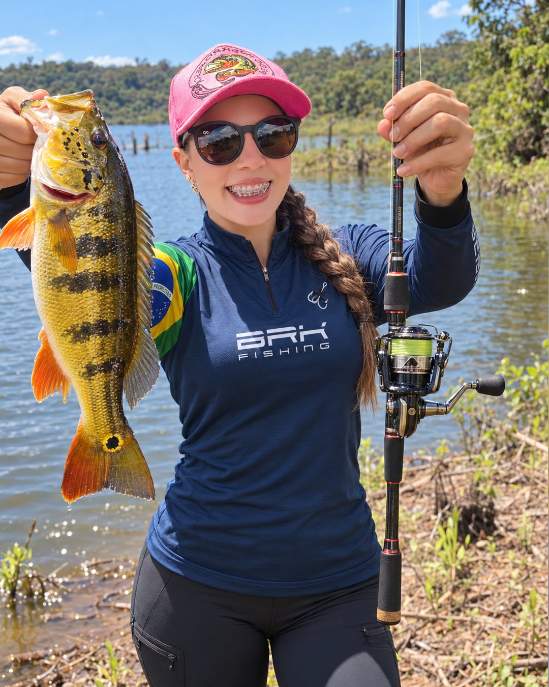 Camisa de Pesca Feminina Brk Azul Bandeira do Brasil Garateia