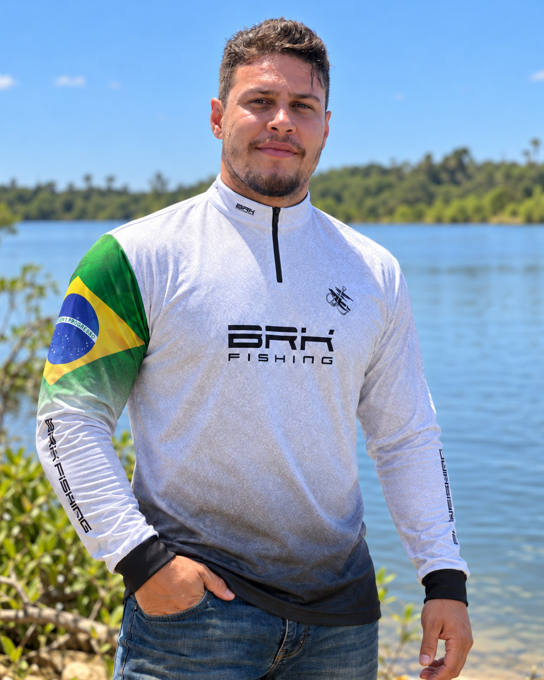 Camisa de Pesca Brk Branca Bandeira do Brasil Garateia