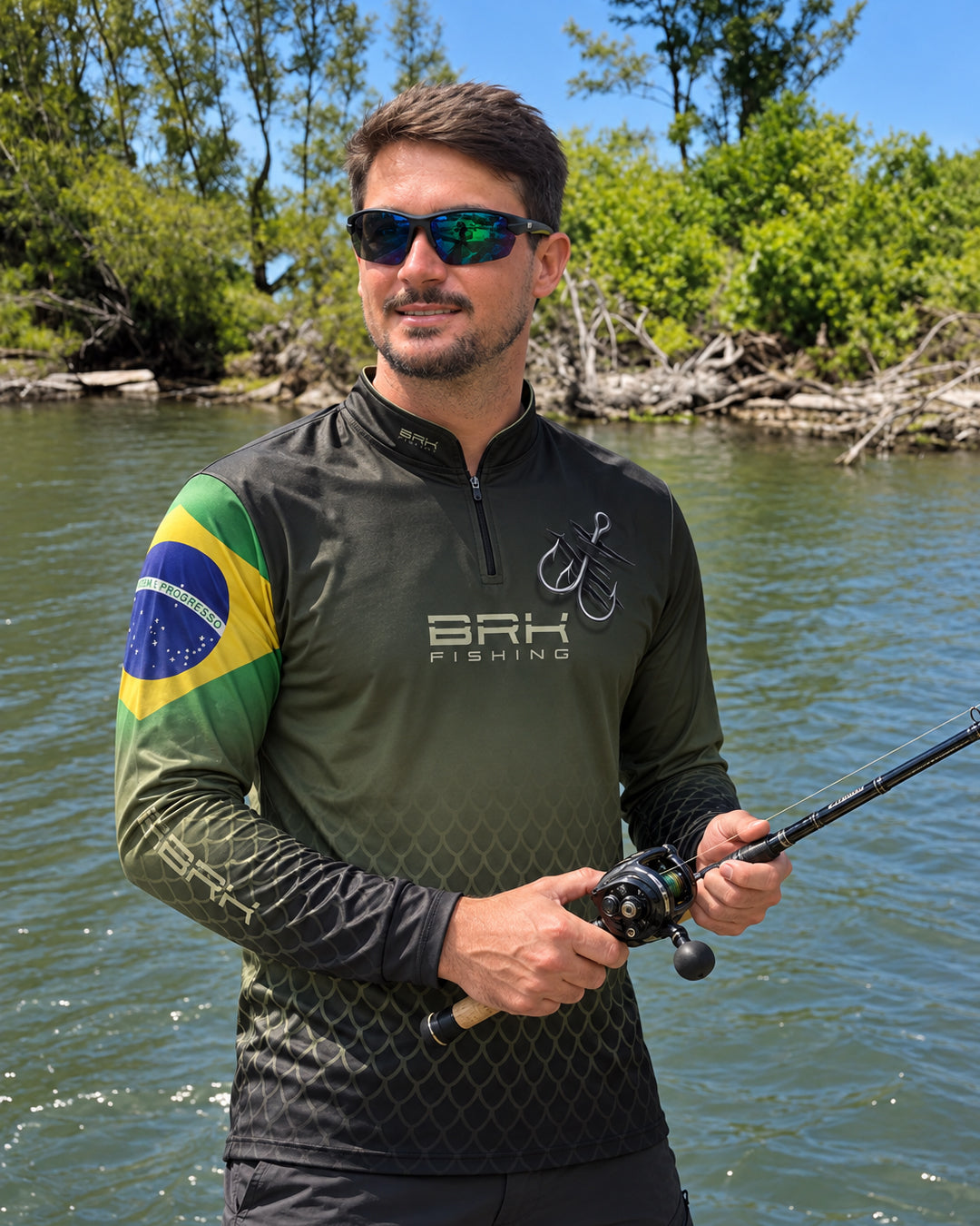 Camisa de Pesca Brk Verde Escamas Bandeira do Brasil Garateia