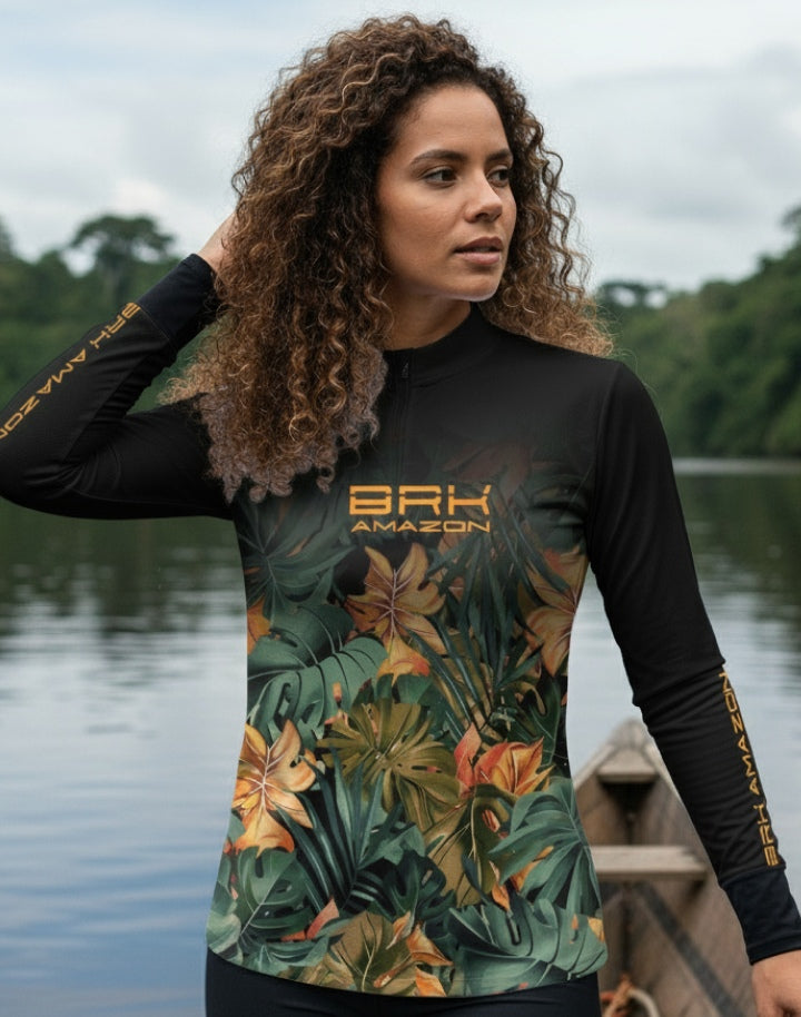 Camisa Feminina Brk Amazon Preta Folhagem com Proteção UV50 Brk Fishing